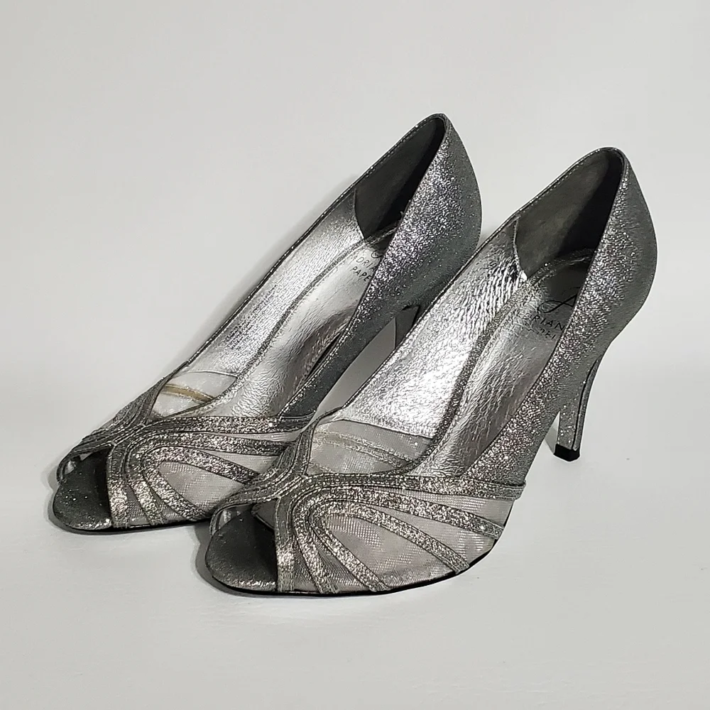 Adrianna Papell Silver Glitter Heel Pumps Sheer Peek A Boo Toe Shoes